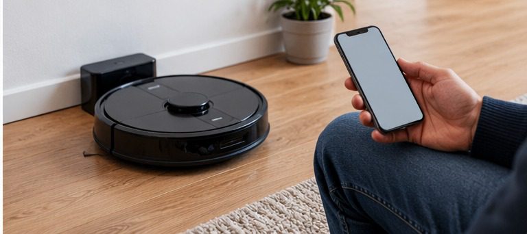 Robotstofzuiger in een kamer dicht bij de wifi-router