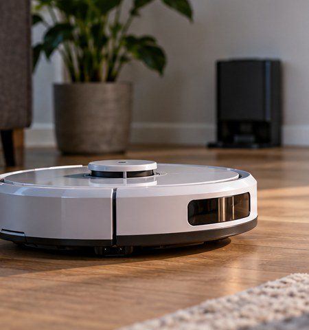 Robotstofzuiger in de woonkamer tijdens het oplossen van een wifi-verbindingsprobleem