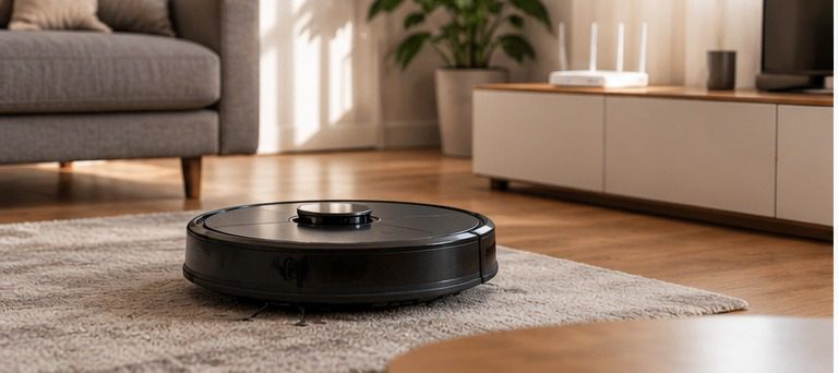 Robotstofzuiger met wifi-signaal in een woonkamer